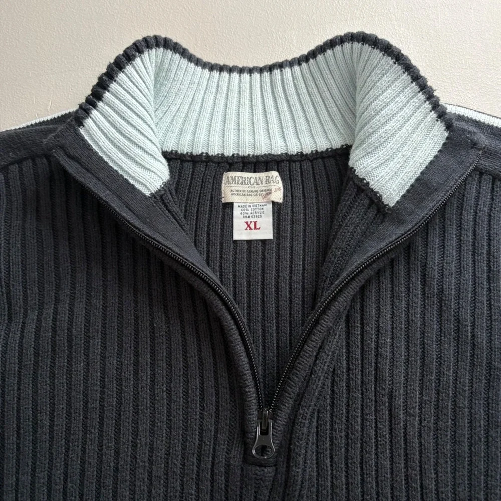 American Rag Mens XL Black Ribbed Quarter Zip Sweater Stripe Sleeve Mock Neck